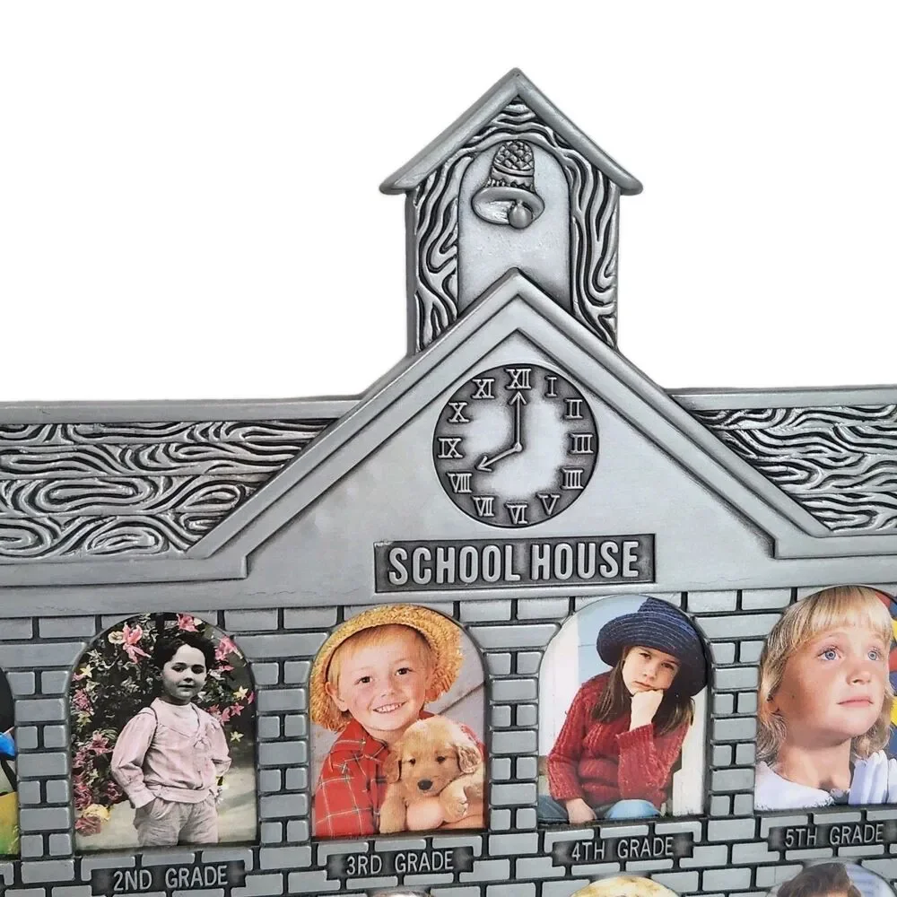 Vintage Pewter Cast Metal Schoolhouse Picture Frame School Years K-12 Collage